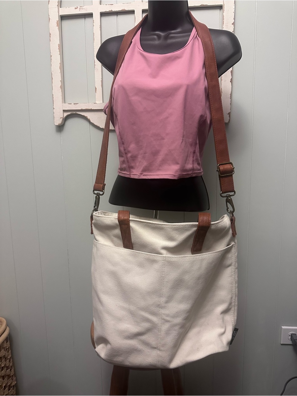 Simple modern Harper canvas Tote Shoulder Bag with Brown Leather Strap - cream